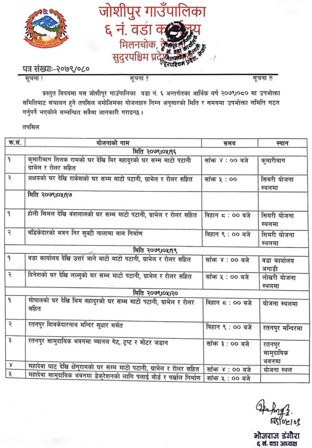 जोशिपुर गाउपालिका वडा नम्बर ६ मा भदौ १६ गतेदेखि उपभोक्ता समिती गठन हुने