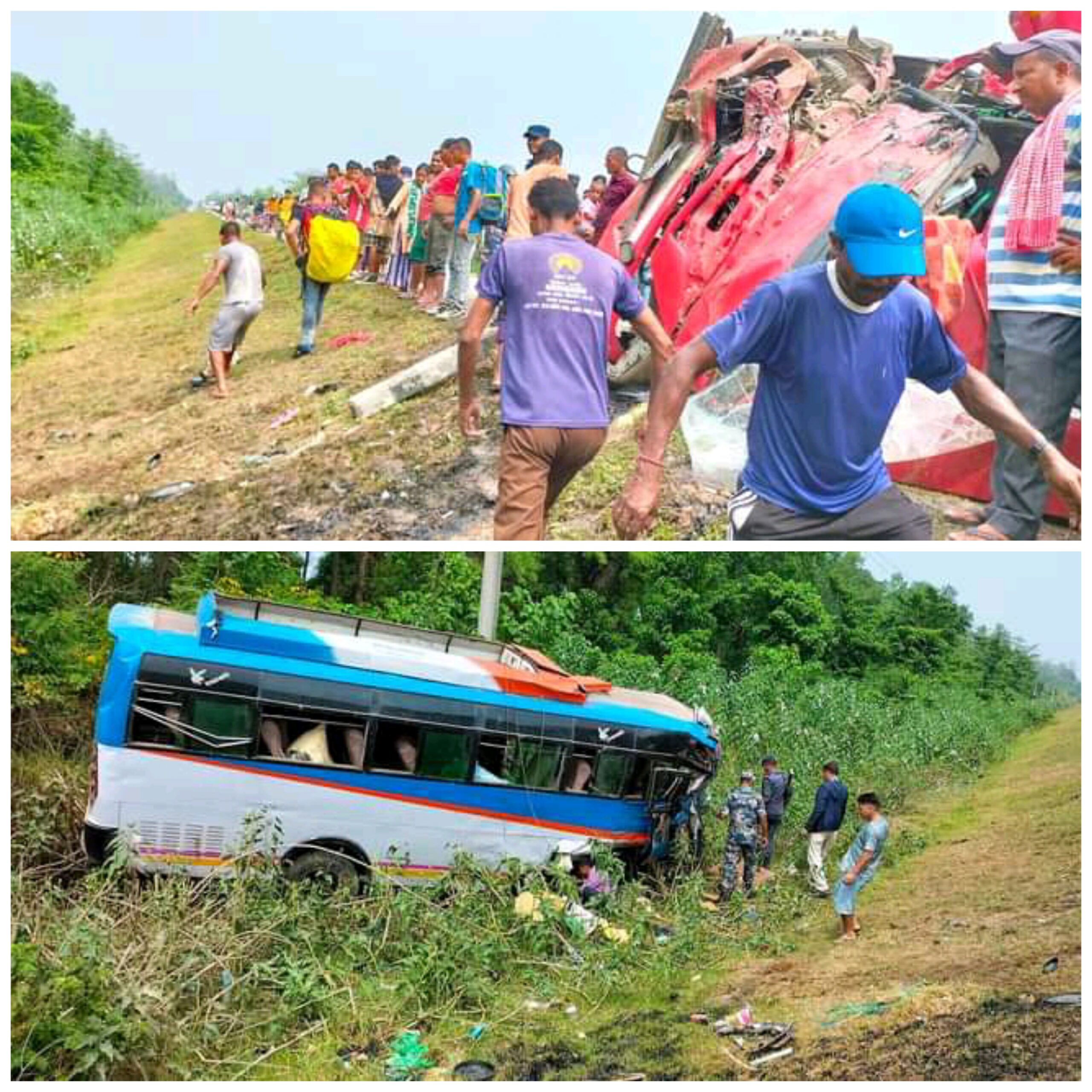 पहलमानपुरमा बस र ट्रक आपसमा ठोक्किदा दुर्घटना